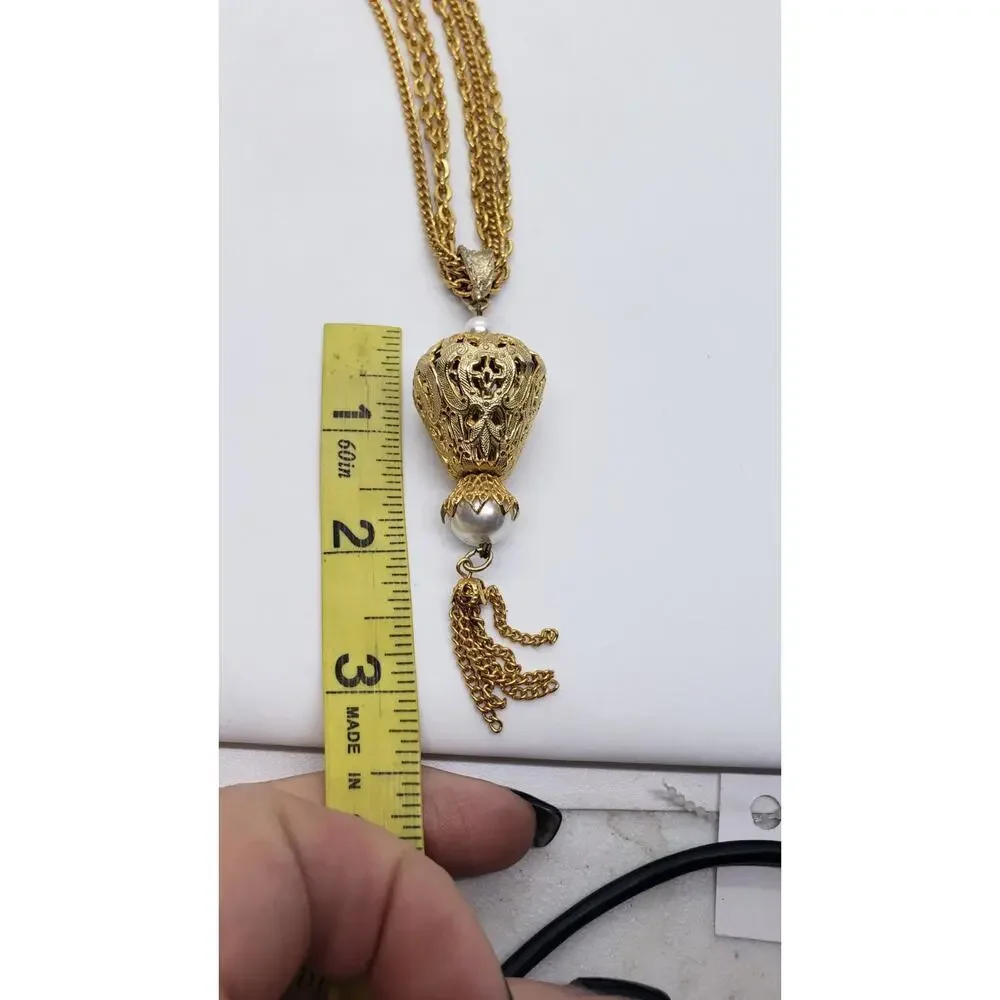 Vtg Pearl Pendant Necklace Tassel Triple Chain Gold Plated 70s Celebrity